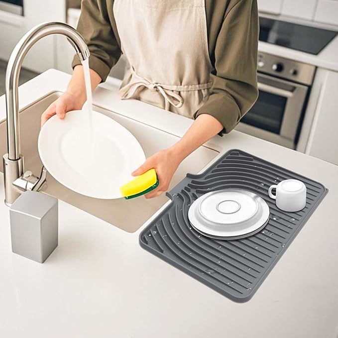 Dish Drying Mat for Kitchen Counter, with Built-in Drain Lip, 18x11.8 inch, Food-Grade Silicone, Easy Clean Pad for Countertop Protection, Heat Resistant, Easy Clean, Multi-Functional Use (Grey) - Image 8
