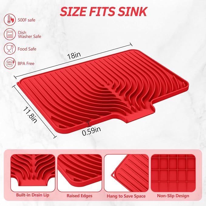 Dish Drying Mat for Kitchen Counter, with Built-in Drain Lip, Food-Grade Silicone, Easy Clean Pad for Countertop Protection, Multi-Functional Use (18x11.8, Red) - Image 2