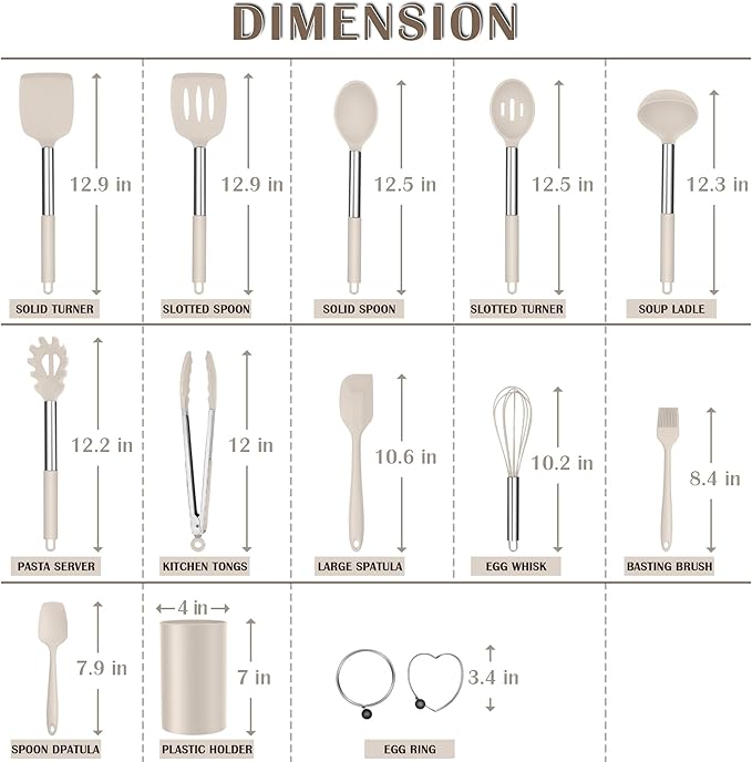 E-far Silicone Cooking Utensils Set, 14-Piece Khaki Kitchen Utensils Set with Holder, Kitchen Tools Spatulas with Stainless Steel Handle for Non-stick Cookware, Heat Resistant & Dishwasher safe - Image 2