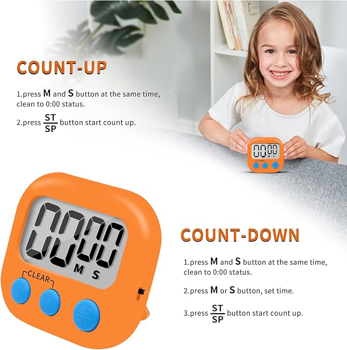 6 Pack Small Digital Kitchen Timer Magnetic Back and ON/Off Switch,Minute Second Count Up Countdown (Orange) - Image 5