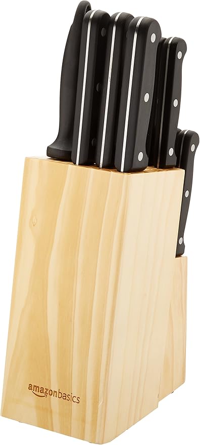 Amazon Basics 14-Piece High Carbon Stainless Steel Kitchen Knife Set with Full Tang Construction, Ergonomic Handles, Sharpener and Pinewood Block, Black - Image 5
