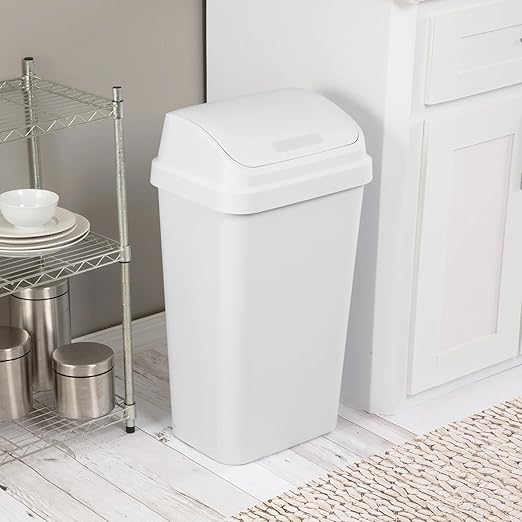 Kitchen Trash Can, 13 Gallon Plastic Garbage Bin with Swing Top Lid, White, Gray(White) - Image 5