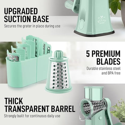 Zulay Kitchen Rotary Cheese Grater 5 Blade Cheese Shredder - Manual Hand Crank Cheese Grater With Reinforced Suction & 5 Interchangeable Drums - Easy to Use, Vegetable Chopper Round Mandoline Slicer - Image 7