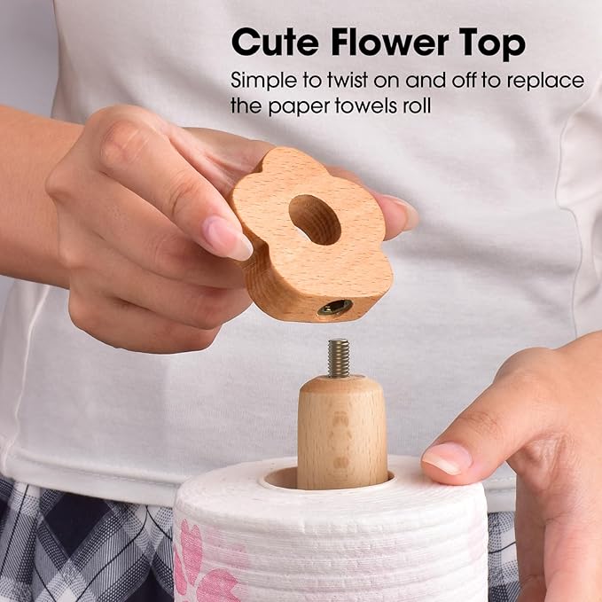 KitchLife Cute Wooden Paper Towel Holder for Countertop with Weighted Base – Solid Freestanding Paper Towel Stand Dispenser with Anti-Slip Base, Flower Top - Image 4