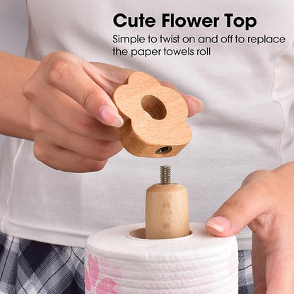 KitchLife Cute Wooden Paper Towel Holder for Countertop with Weighted Base – Solid Freestanding Paper Towel Stand Dispenser with Anti-Slip Base, Flower Top - Image 4