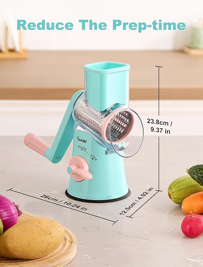 Geedel Rotary Cheese Grater Cheese Shredder - Upgraded 5-in-1 Cheese Grater with Handle and Strong Suction Base, Multi-purpose Vegetable Slicer Ice Shaver Nuts Grinder for Ice, Vegetables, Fruit, Nuts - Image 5