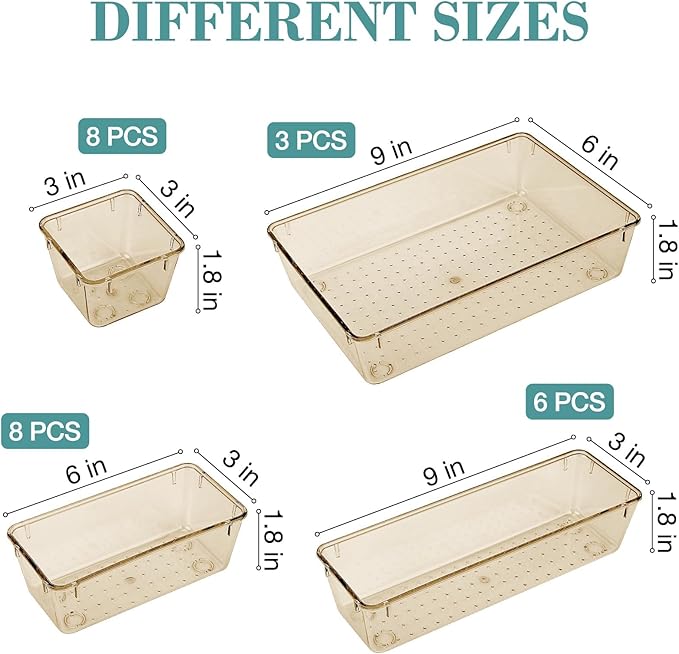 StorMiracle 25 PCS Drawer Organizer Set, 5 Varied Size Bathroom and kitchen Drawer cabinet organizer Trays, Clear Storage Bins for Makeup, Jewelry, Utensils and Gadgets, Champagne - Image 2
