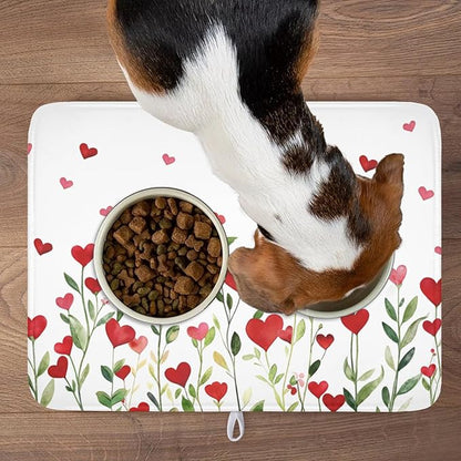 Valentines Day Dish Drying Mat for Kitchen Counter 24x18 Inch Green Red Heart Drying Mat with Absorbent Reversible Microfiber Holiday Love Dish Drainer Mats Rack Pad for Coffee Countertop Protector