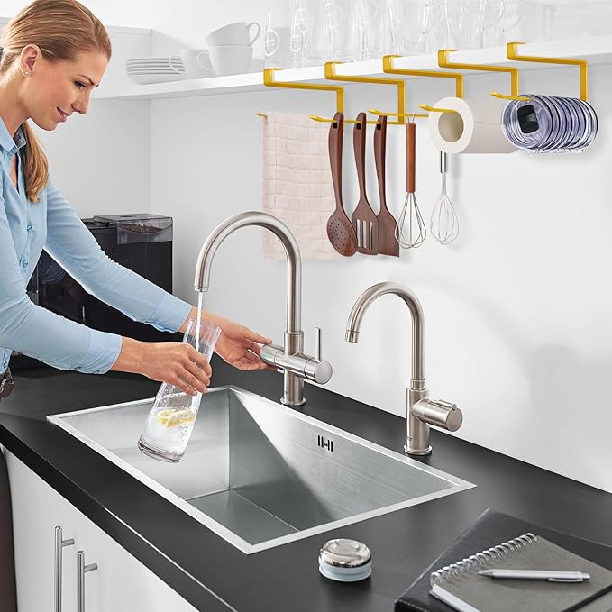Tumbler Lid Organizer, Horizontal Tumbler Lid Storage Hook Up to 10 Lids, Space Saving Cup Lid Holders Under Cabinet Tumbler Lid Hook for Kitchen Organizer and Storage, Paper Towel Rack Hanger (Gold) - Image 7