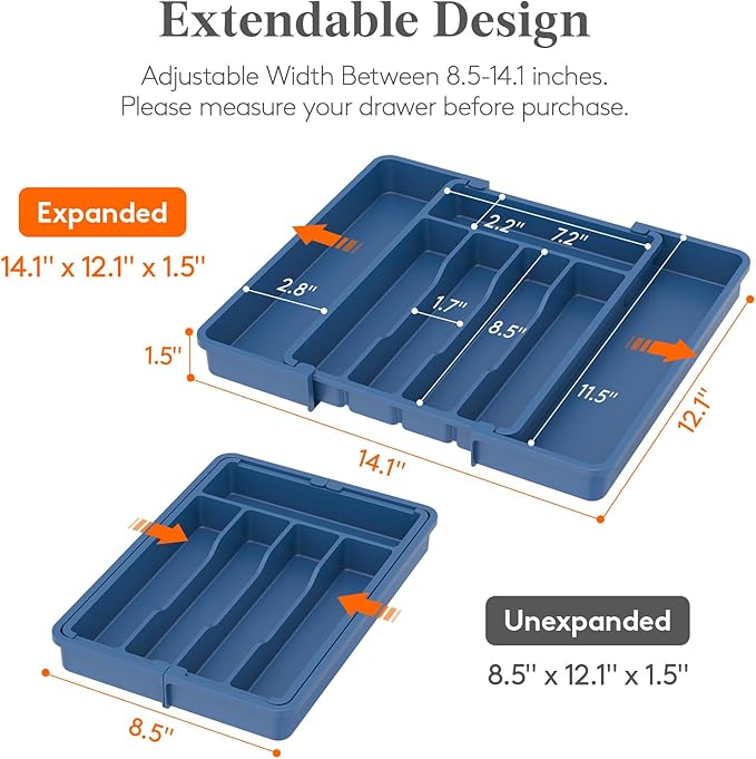 Lifewit Silverware Drawer Organizer, Expandable Utensil Tray for Kitchen, BPA Free Flatware and Cutlery Holder, Adjustable Plastic Storage for Spoons Forks Knives, 8.5"-14.1" x 12.1", Dark Blue - Image 2