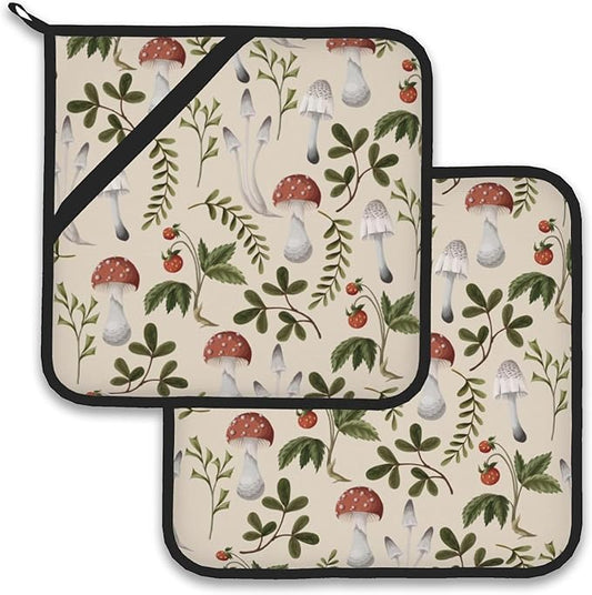 Vintage Mushroom Strawberry Pot Holder Set of 2,Heat Resistant Potholders Oven Hot Pads for Kitchen Cooking Baking BBQ