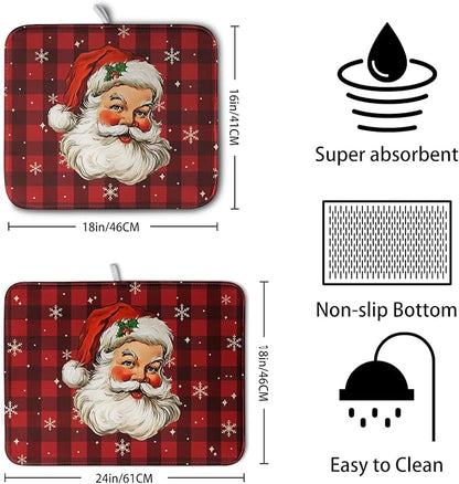 Santa Claus Christmas Dish Drying Mat Xmas Red and Black Buffalo Plaid Snowflake Drying Mats Winter Holiday Dishes Drying Pad Microfiber Absorbent Dish Drainer Rack Mat 18x24 Inch - Image 2