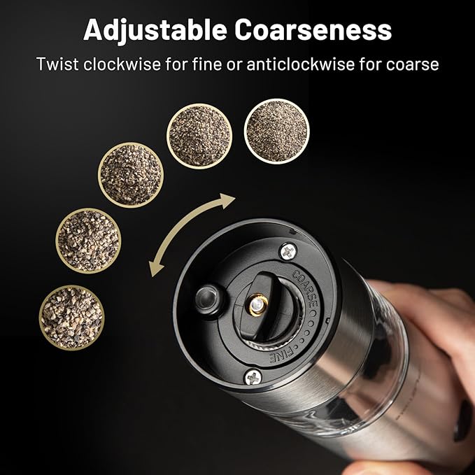 SIMPLETASTE Electric Salt and Pepper Grinder Set with LED Light, Automatic Pepper Mill Shakers with Adjustable Coarseness, One Hand Operation for Kitchen, Dining, Gifting, Silver, Battery Operated - Image 3