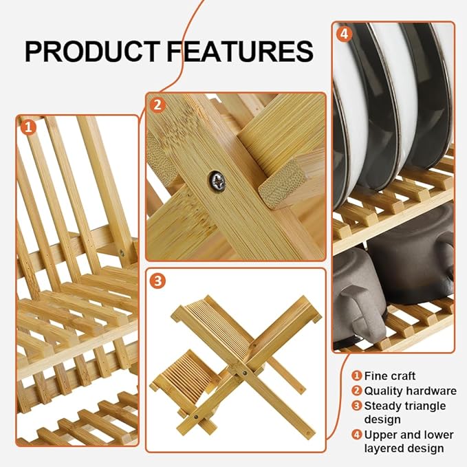 KKTONER Bamboo Dish Drying Rack 2 Tier Foldable Plate Organizer Collapsible Plate Organizer Holder for Kitchen Countertop (Natural) - Image 4