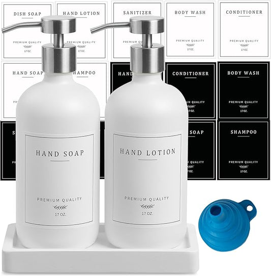Glass Soap Dispenser Bathroom - Kitchen Dish Hand Soap Dispenser Set, Liquid Soap Lotion Dispenser with Tray, Hand Soap and Lotion Dispenser, White Bottle/Silver Pump-pd