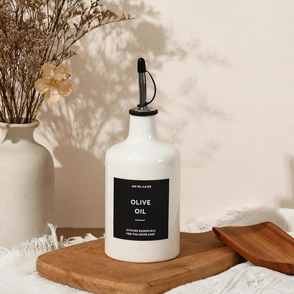 HOMCDALY Ceramic Olive Oil Dispenser Bottle, 16oz Oil Dispenser Bottle for Kitchen, Oil Container, Kitchen Oil Dispenser（White）
