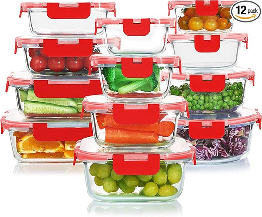 KOMUEE 24 Pieces Glass Food Storage Containers Set, Meal Prep Containers, BPA-Free Airtight Glass Storage Containers with lids, Freezer, Microwave and Oven Safe, Red