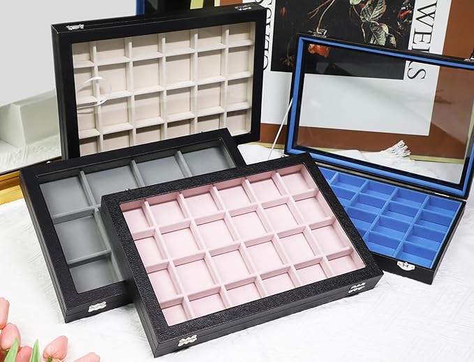 Stratalife Jewelry Organizer 40 Grid Pink Black Jewelry Tray with Clear Dust-proof Lid Velvet Earring Organizer Necklace Rings Holder Display Drawer Storage Case for Women
