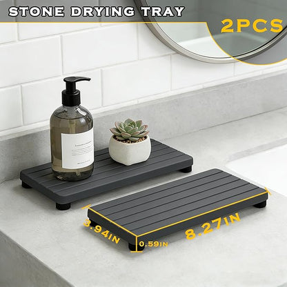 2PCS Stone Drying Tray, Water Absorbing Stone Tray for Sinks, Neat Diatomite Sink Trays, Fast Drying Kitchen Sponge Hand Soap Holder, Instant Dry Sink Coasters Used for Bathroom Counter -Dark Gray