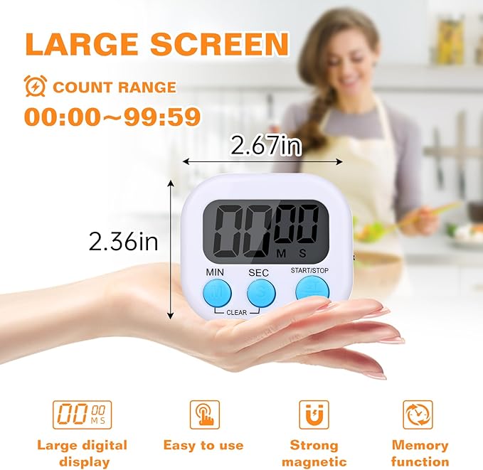 12 Pack Digital Kitchen Timers for Cooking, Small Magnetic Countdown Classroom Timer for Teachers Kids, Big Digits Loud Alarm Backing Stand Timers for Kitchen, Shower, Study, Work, Exercise Training - Image 2