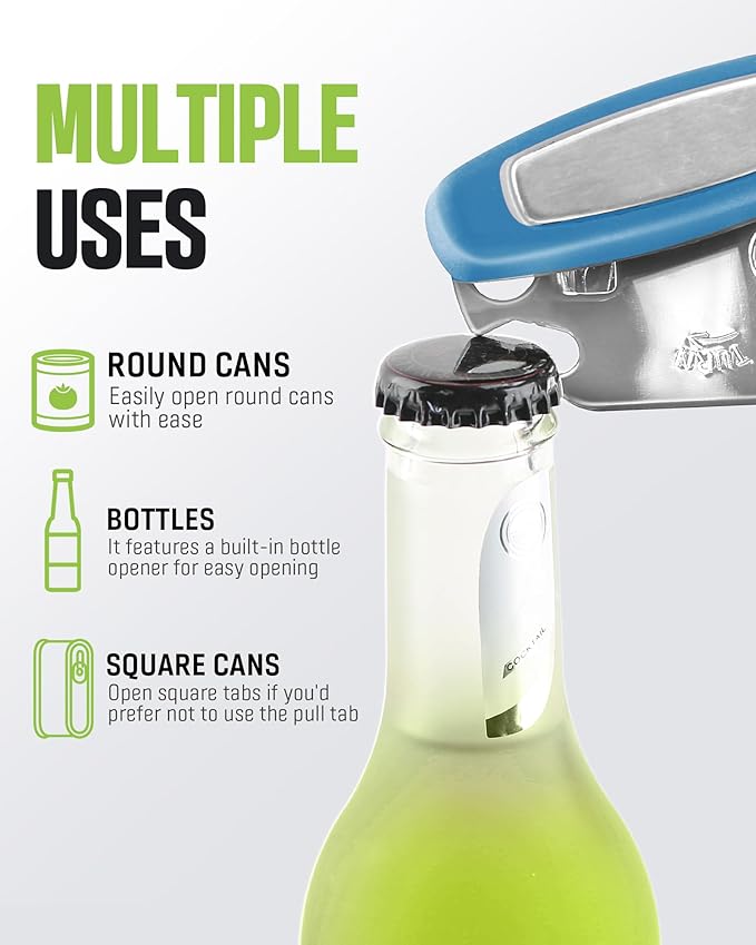Multifunctional Can Opener Manual, Durable Heavy Duty Handheld Strong Can Opener with Smooth Cutting Edge, Friendly Kitchen Essentials Tool for Seniors, Camping and Bottle Opening-Blue - Image 5