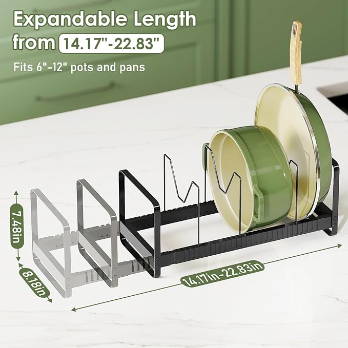 MUDEELA Pot Rack Pan Organizer inside Cabinet - Expandable Pot Lid Organizer for Cabinet with 12 Adjustable Dividers, Cutting Board Organizer Holder Baking Rack Kitchen Cabinet Storage Organization - Image 2