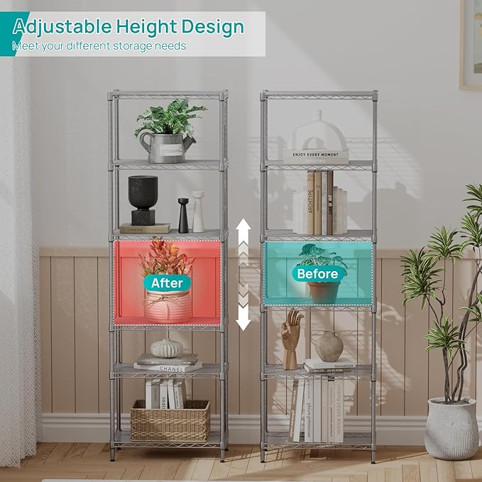 SINGAYE 6 Shelf Wire Shelving Unit Adjustable Metal Shelves Standing Bathroom Organizers and Storage Wire Closet Metal Pantry Kitchen 12" DX22 W 69.5" H Gray - Image 3