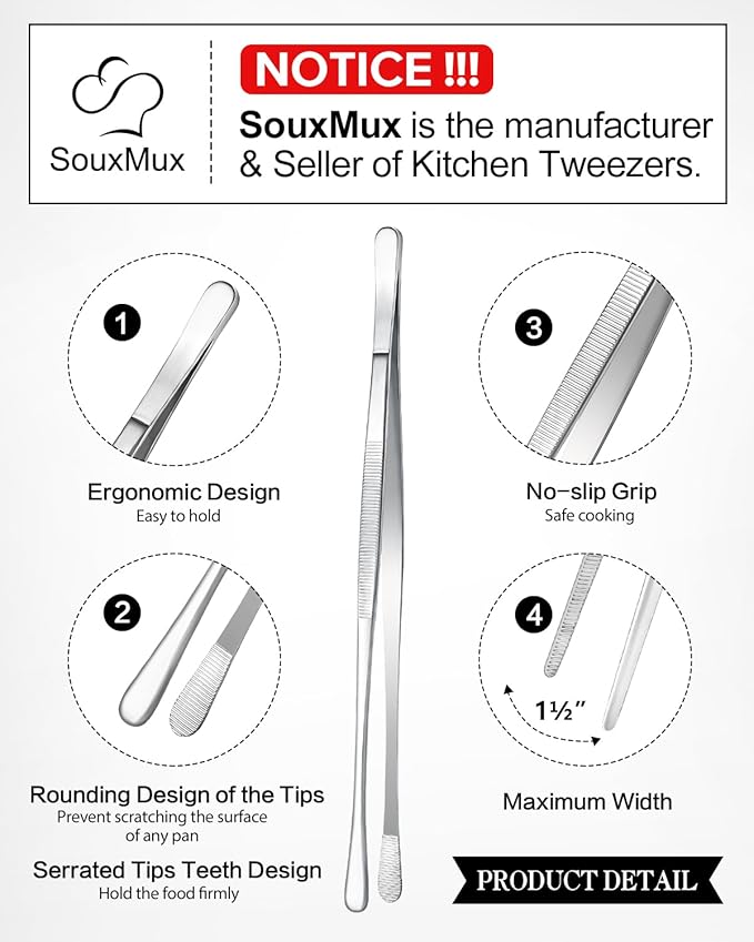 2 Pcs 10-inch Cooking Tweezers Tongs Precision Serrated Tips, Stainless Steel Professional Chef Tweezer Kitchen Tools for BBQ, Plating and Serving (Silver) - Image 2