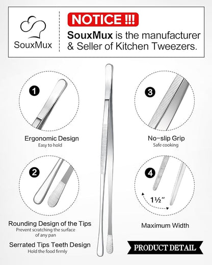 2 Pcs 10-inch Cooking Tweezers Tongs Precision Serrated Tips, Stainless Steel Professional Chef Tweezer Kitchen Tools for BBQ, Plating and Serving (Silver) - Image 2