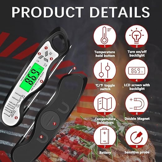 Meat Thermometer Digital，IP67 Waterproof Cooking Thermometer with Backlight, Calibration & Hold Function，Food Thermometer for Cooking,Outdoor Grilling - Image 5