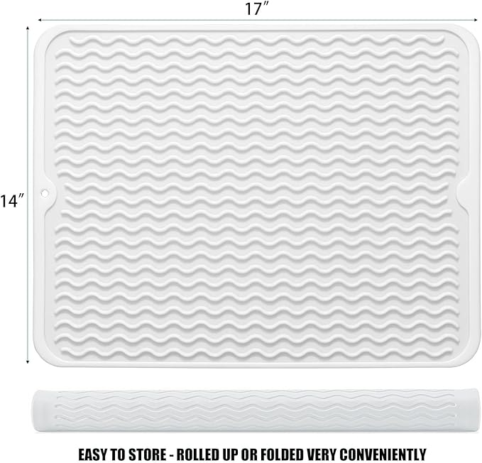 Large 17" x 14" Silicone Dish Drying Mat for Kitchen Counter, Easy clean, Quick Dry, Heat-resistant Dish Drainer Mat for Sink,Refrigerator or Drawer liner (Food Grade Silicone-White) - Image 2