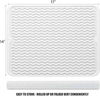 Large 17" x 14" Silicone Dish Drying Mat for Kitchen Counter, Easy clean, Quick Dry, Heat-resistant Dish Drainer Mat for Sink,Refrigerator or Drawer liner (Food Grade Silicone-White) - Image 2
