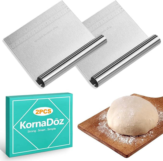 2 Pack Stainless Steel Dough Cutter & Pastry Scraper, Bench Knife with Measuring Scale, Multipurpose Food Chopper for Bread, Pizza & Cake, Professional Baking Tools