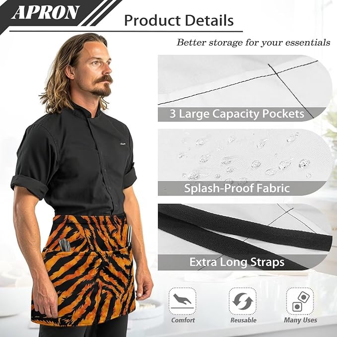 Server Apron with 3 Pockets, Waterproof Oil Waitress Waiter Half Apron for Restaurant Hotel Kitchen Cafe