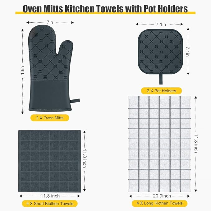 Oven Mitts Kitchen Towels Dishcloths with Pot Holders Sets 12PCS,Dish Towels Sets,Oven Gloves Pot Pads Heat Resistant 500 Degrees with Non-Slip Silicone Surface for Cooking Baking Grilling-Deep Green - Image 2