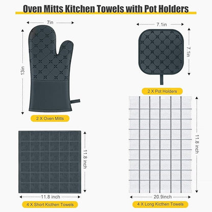 Oven Mitts Kitchen Towels Dishcloths with Pot Holders Sets 12PCS,Dish Towels Sets,Oven Gloves Pot Pads Heat Resistant 500 Degrees with Non-Slip Silicone Surface for Cooking Baking Grilling-Deep Green - Image 2