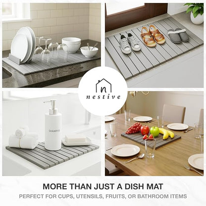 Large Stone Drying Mat for Kitchen Counter | 24"x16" | Fast Drying Collapsible Diatomaceous-Earth Mat | Super Absorbent Folding Mat for Dishes, Bottles, Glass, Heat-Resistant, Non-Slip (Light Gray)