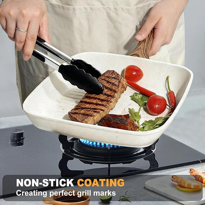 NEWBULIG 3-Piece Nonstick Grill Pan Set, Square Griddle Pans with Wooden Handles, Induction Cooktop Compatible, Nonstick Cookware for Steak, BBQ, Vegetables, Cream White (9.5", 10.2", 11")