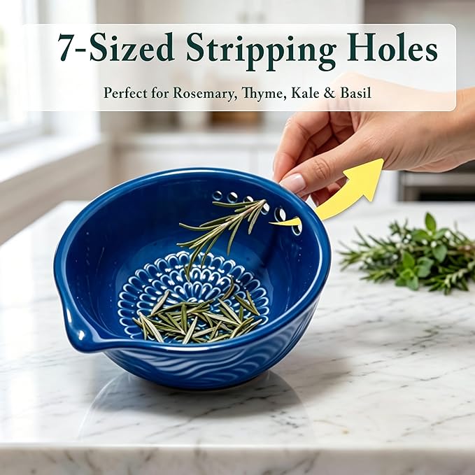 3-in-1 Ceramic Grater Bowl with Herb Stripper, Kitchen Tool for Garlic, Ginger & Vegetables, Easy to Clean Stripping Bowl for Kale, Rosemary, Thyme, and Basil, Dishwasher Safe (Blue)