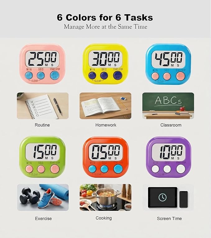 Digital Timer for Classroom Teachers Students, Magnetic Kitchen Countdown Timer, Easy Timers for Kids Homework Study Cooking Gym Game, 6 Pcs - Image 3