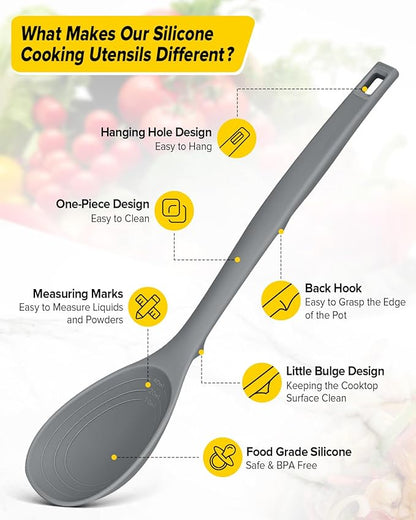 Pack of 2 Silicone Cooking Spoons, Non Stick Solid Kitchen Spoon with Measuring Marks & Back Hooks, Heat Resistant Silicone Slotted Spoon for Cooking, Mixing, Stirring,Serving (GRAY)