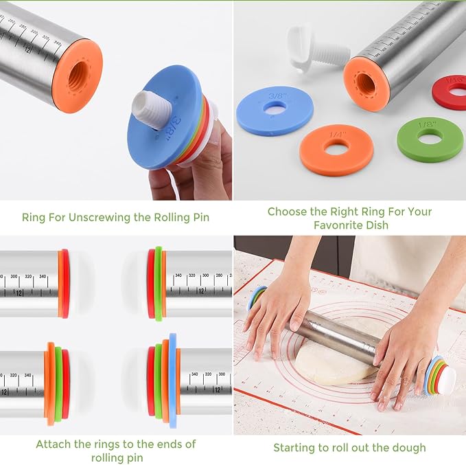 Rolling Pin nonstick and Silicone Baking Pastry Mat combo kit, Adjustable Rolling Pin With Thickness Rings for Baking Fondant, Pizza, Pie, Pastry, Pasta, Dough, Cookies (red) - Image 3