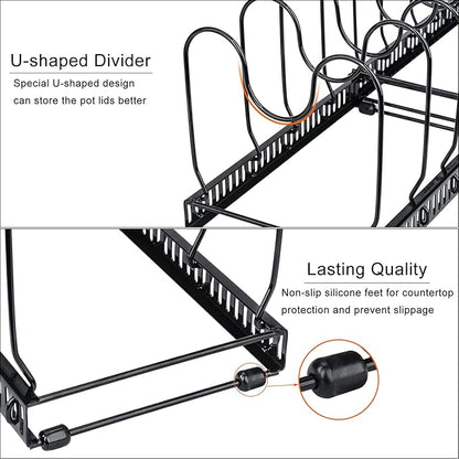Toplife Pots and Pans Organizer Rack for Cabinet and Countertop, 10+ Pot Lids, Bakeware and Cookware Holder with 10 Adjustable Compartments - Black - Image 5