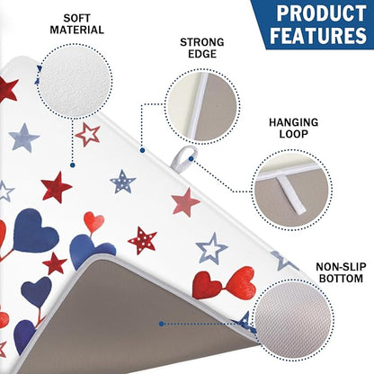 4th of July Dish Drying Mat for Kitchen Counter Patriotic Red Blue Star Love Heart Pattern Microfiber Dish Drainer Mat Independece Day Absorbent Washable Drying Pad Extra Large 18"x24"