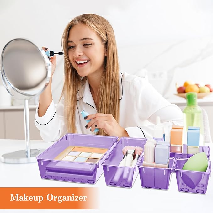 SpaceHacks 25 PCS Plastic Drawer Organizer Set, 4-Size Versatile Organizer Trays & Storage Bins for Makeup, Jewelry, and Gadgets in Bathroom, Bedroom and Office,Clear Purple - Image 5