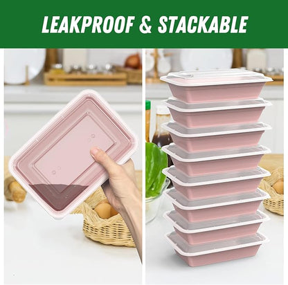 50 Pack (100-Piece) 32 oz Meal Prep Containers Reusable with Easy Open Lids, Sturdy Leakproof Food Safe, Microwave Freezer Dishwasher Safe, To Go Take Out Plastic Food Storage Pans with Lids, Pink - Image 4