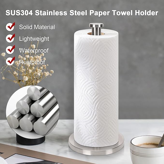 NearMoon Standing Paper Towel Holder, Kitchen Paper Towel Tissue Holder- for Bathroom Countertop, Standard or Jumbo-Sized Roll Paper (with Stainless Steel Base, Brushed Nickel) - Image 3