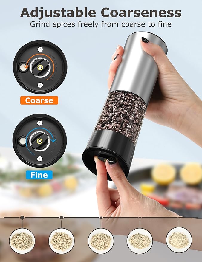 innhom Gravity Electric Salt and Pepper Grinder Set Stainless Steel Salt Grinder Pepper Mill Automatic Salt and Pepper Grinder Set with Adjustable Coarseness