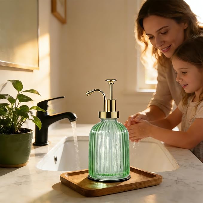 SheeChung Green Glass Soap Dispenser, 12 Oz Liquid Hand Soap Dispenser with Pump, Refillable Lotion Dish Soap Dispenser for Kitchen, Stripes Shampoo Bottle, Bathroom Countertop (Gold Pump, 1 Pack)