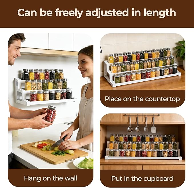 3-Tier Spice Rack Organizer for Kitchen Cabinet or Pantry, 16"-29" Expandable Spice Organization Shelf, Seasoning Organizer, Metal Display Shelf, Slip-Resistant Design for Jars and Bottles, White - Image 7